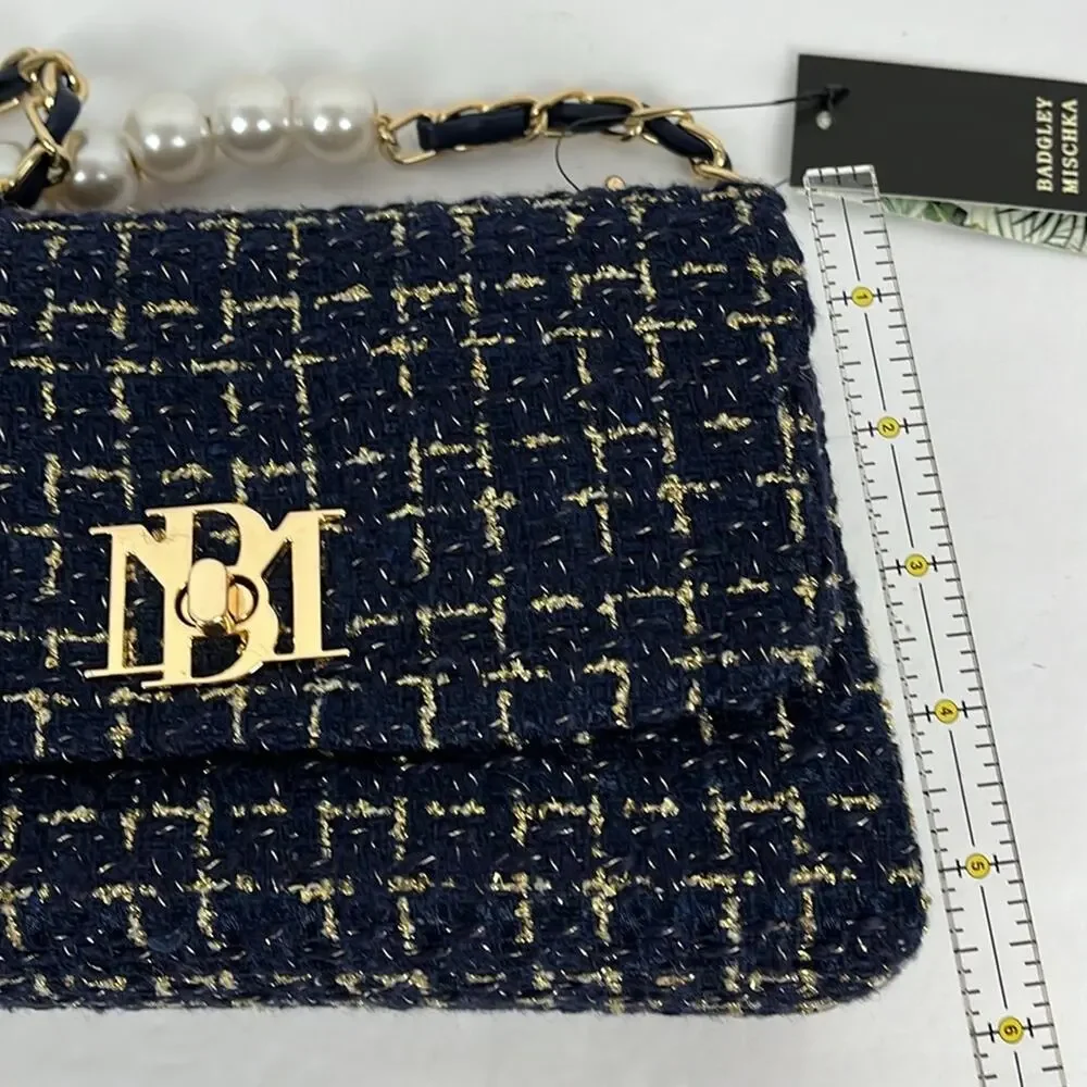 Badgley Mischka Purse Navy Blue Textured Messenger Bag Crossbody Gold Accents - Picture 6 of 11